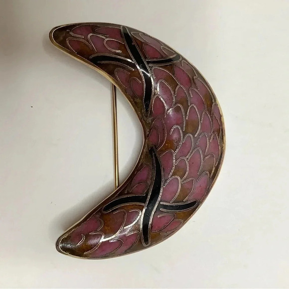 VINTAGE Half Moon Cloisonné Statement Brooch - Picture 9 of 10